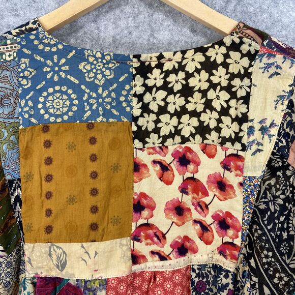 Gypsy Patchwork Peasant Boho Blouse Long Sleeve Tie Neck Multicolor Womens M/L - Picture 8 of 9